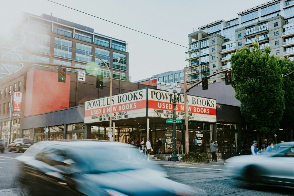 Powell's Books in Portland with a large sign on two sides of the building.