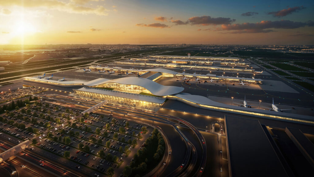 Aerial rendering of Washington Dulles International Airport at sunset, showing the curved terminal roofline, connected concourses with parked aircraft, and surrounding parking and roadways.