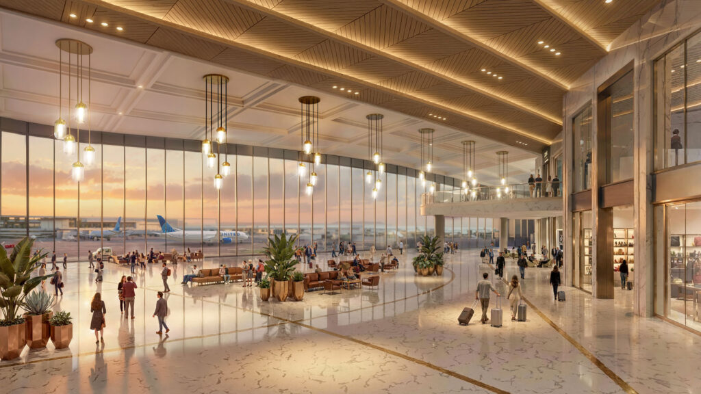 Interior rendering of a bright, marble-floored airport terminal with wood-paneled ceiling, hanging pendant lights, seating areas, retail storefronts, and floor-to-ceiling windows overlooking a United aircraft on the tarmac.