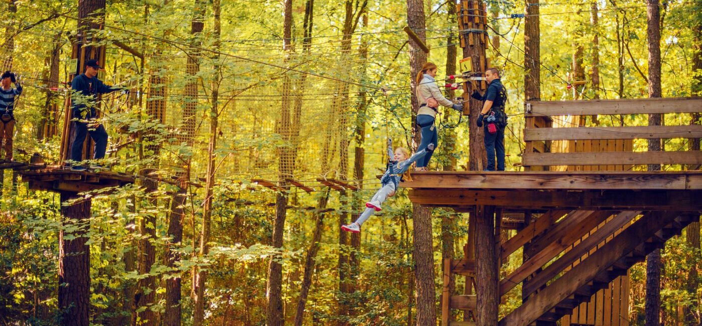 Ziplining through colorful autumn trees.