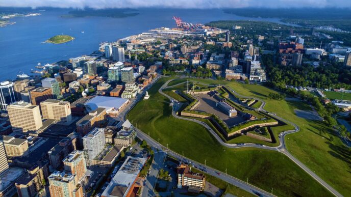 Various buildings and a large park seen from the above in Halifax.