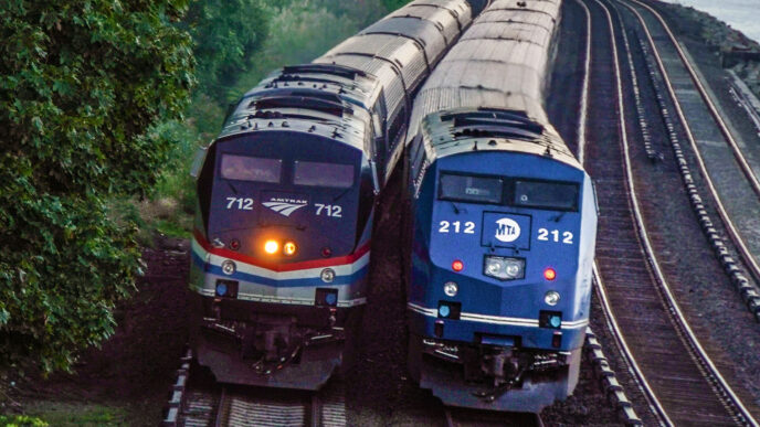 Two trains passing each other, one with a blue engine and the other a black engine.