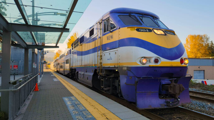 Purple, yellow, and white painted train locomotive pulling bi-level train out of station.