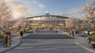 Conceptual rendering of a new airport terminal entrance with a curved glass facade and radar dome, travelers walking a landscaped plaza lined with blossoming cherry trees.