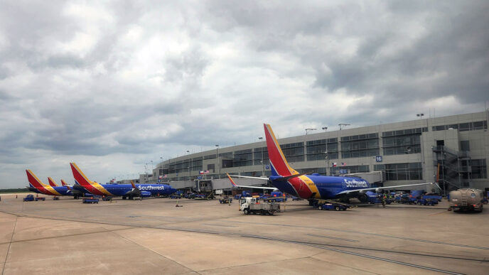 Several Southwest airplanes are parked at a jet bridge/ground equipment on a wide airport tarmac under a cloudy sky, with a modern terminal building in the background.
